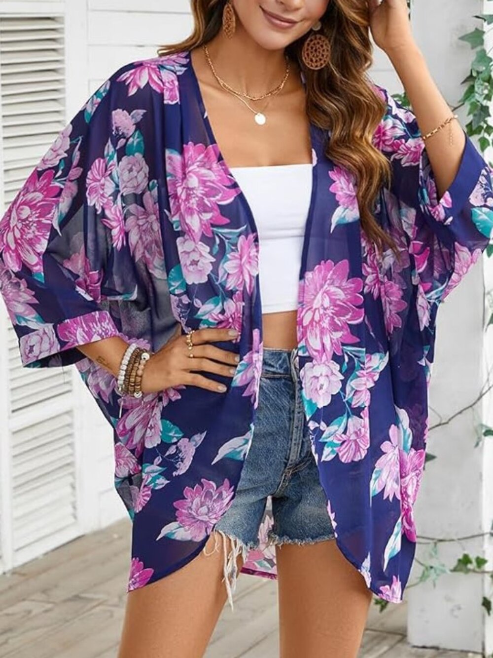 Women's Floral Print Sheer Chiffon 3/4 Cuffed Bat Sleeve Kimono Size XXL